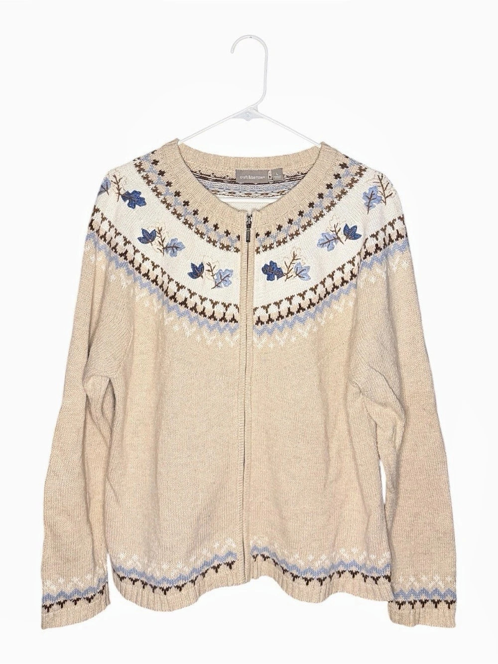 Croft & Barrow Fair Isle Floral Embroidered Knit Zip Up Cardigan Sweater Size L